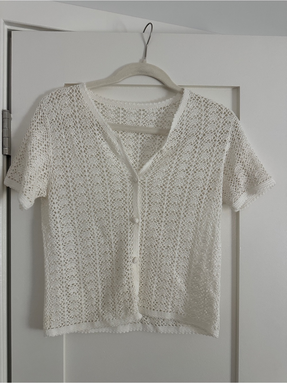 Handmade White Crochet Knit Button-Front Short Sleeve Cardigan
